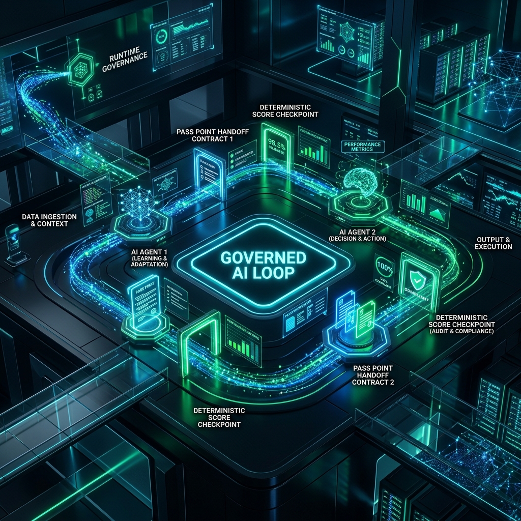 Governance in the AI Loop — Runtime Governance & Pass Point 3D Architecture Diagram