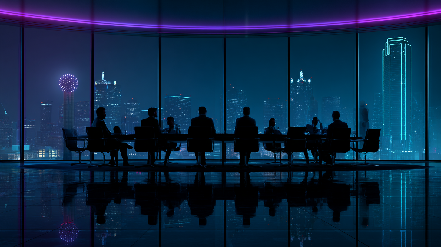 Futuristic Dallas skyline representing on-site AI workshops in DFW
